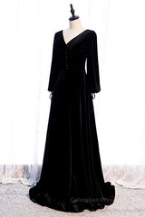 Evening Dress With Sleeve, Black Mermaid V Neck Long Sleeves Lace-Up Velvet Maxi Formal Dress
