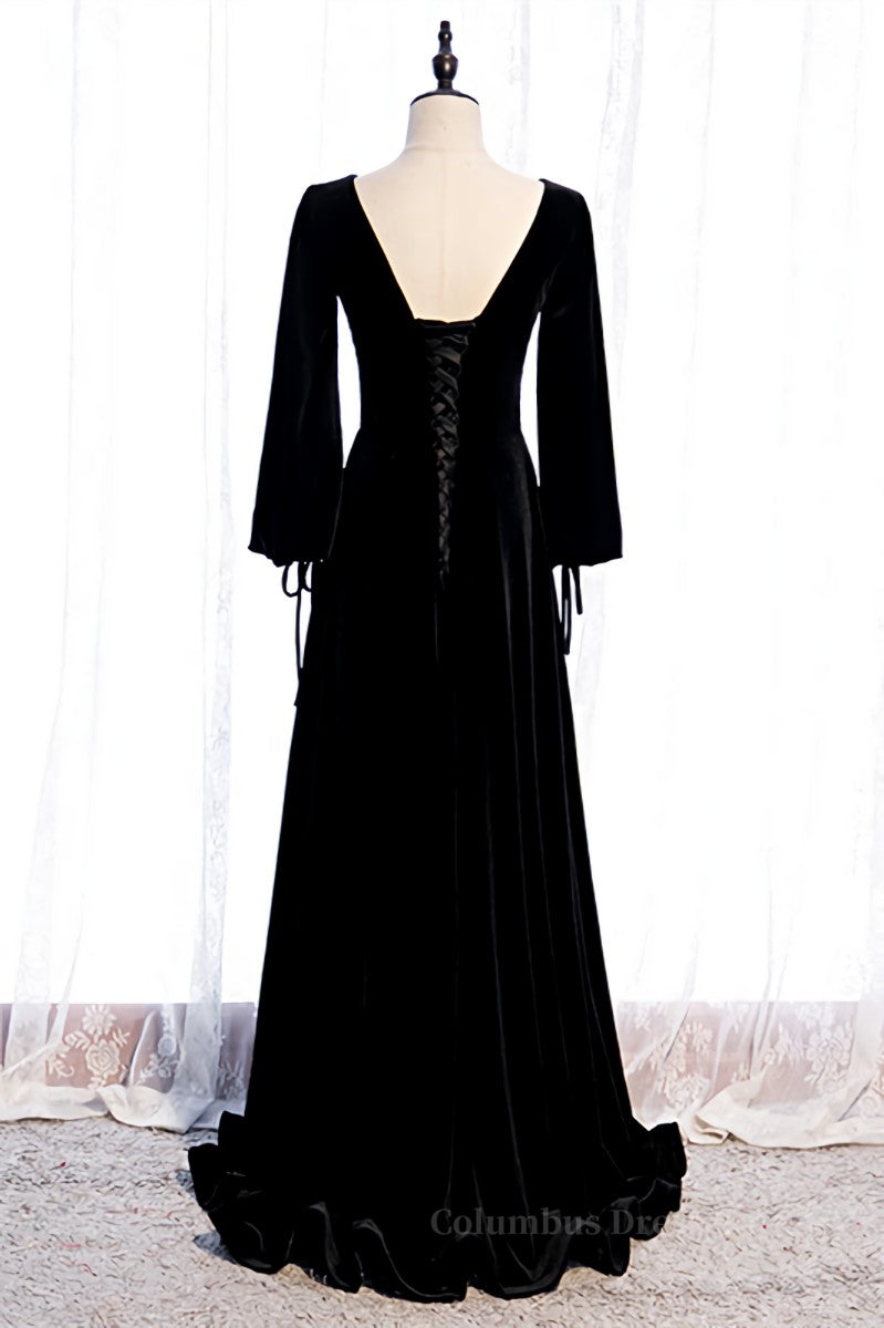 Evening Dress With Sleeves, Black Mermaid V Neck Long Sleeves Lace-Up Velvet Maxi Formal Dress