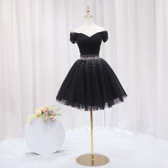 Evenning Dresses Long, Black Off Shoulder Beaded Tulle Short Prom Dress, Black Homecoming Dress Formal Dress