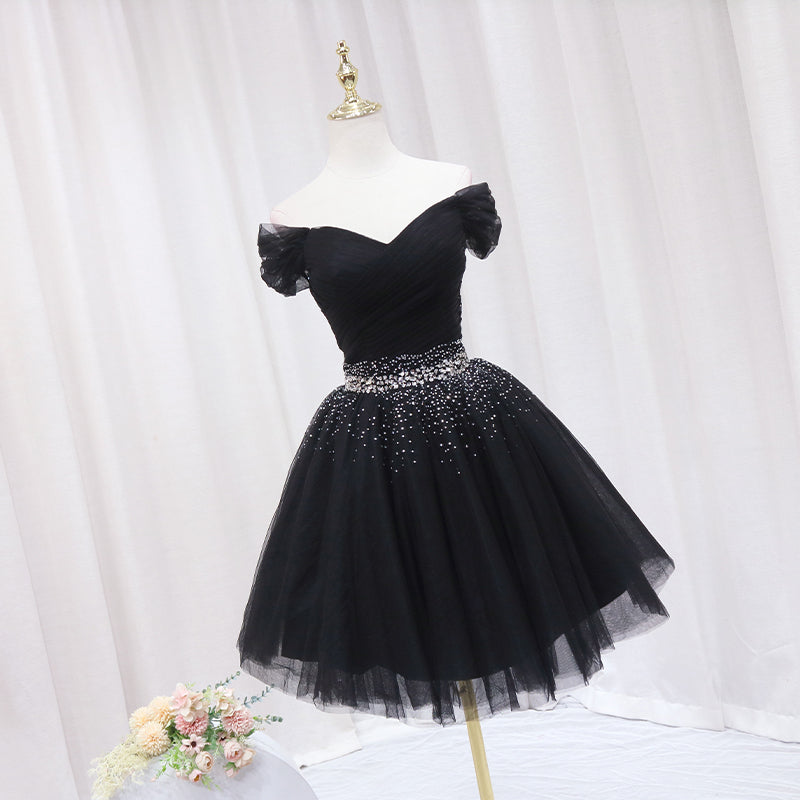 Evening Dress Online, Black Off Shoulder Beaded Tulle Short Prom Dress, Black Homecoming Dress Formal Dress