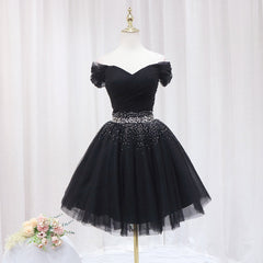 Evening Dress Cheap, Black Off Shoulder Beaded Tulle Short Prom Dress, Black Homecoming Dress Formal Dress