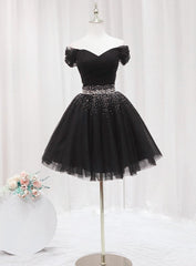 Evening Dress Boutique, Black Off Shoulder Beaded Tulle Short Prom Dress, Black Homecoming Dress Formal Dress