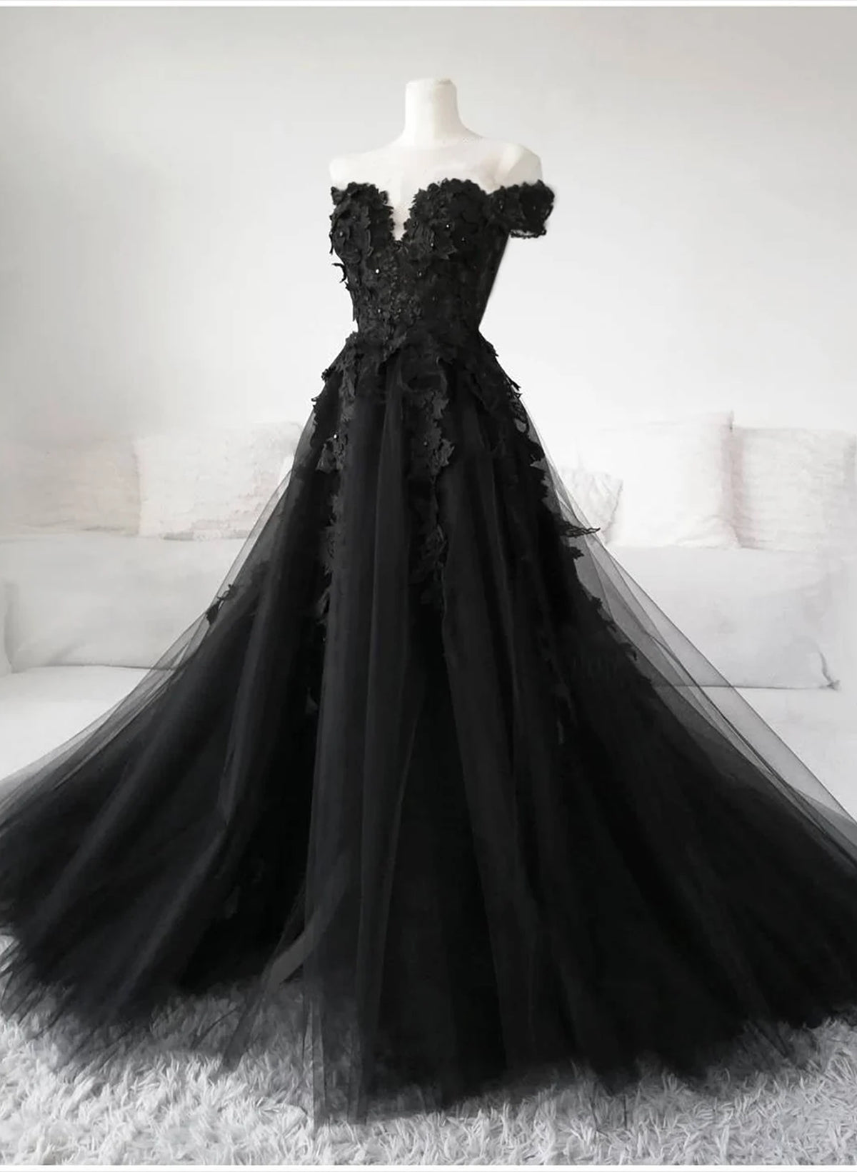 Prom Dress Tight Fitting, Black Off Shoulder Formal Dress with Lace, Black Tulle Off Shoulder Prom Dress