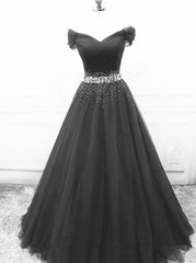 Prom Dresses Black, Black Off Shoulder Tulle Lace Beaded A-line Prom Dress, Black Junior Party Dresses