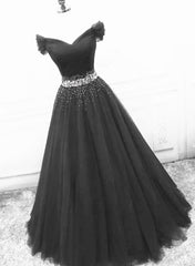 Prom Dresses With Slit, Black Off Shoulder Tulle Lace Beaded A-line Prom Dress, Black Junior Party Dresses