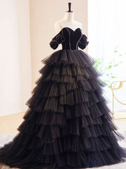 Prom Dresses Brands, Black Off Shoulder Tulle Long Prom Dress, Black Formal Evening Dress
