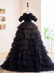 Prom Dress Stores Near Me, Black Off Shoulder Tulle Long Prom Dress, Black Formal Evening Dress