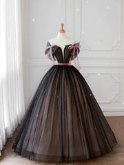 Homecoming Dress Website, Black off shoulder tulle long prom dress, black tulle formal dress