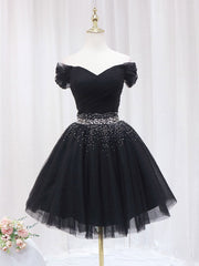 Evening Dress Mermaid, Black Off Shoulder Tulle Sequin Short Prom Dress, Black Homecoming Dresses