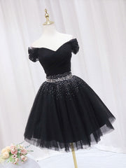 Evening Dress Vintage, Black Off Shoulder Tulle Sequin Short Prom Dress, Black Homecoming Dresses