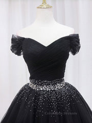 Evening Dress Sleeve, Black Off Shoulder Tulle Sequin Short Prom Dress, Black Homecoming Dresses