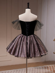 Formal Dress Websites, Black Off Shoulder Tulle Short Prom Dress, Black Homecoming Dress