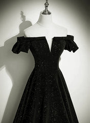 Bridesmaid Dress Affordable, Black Off Shoulder Velvet Long Party Dress Prom Dress, Black Simple Evening Dress