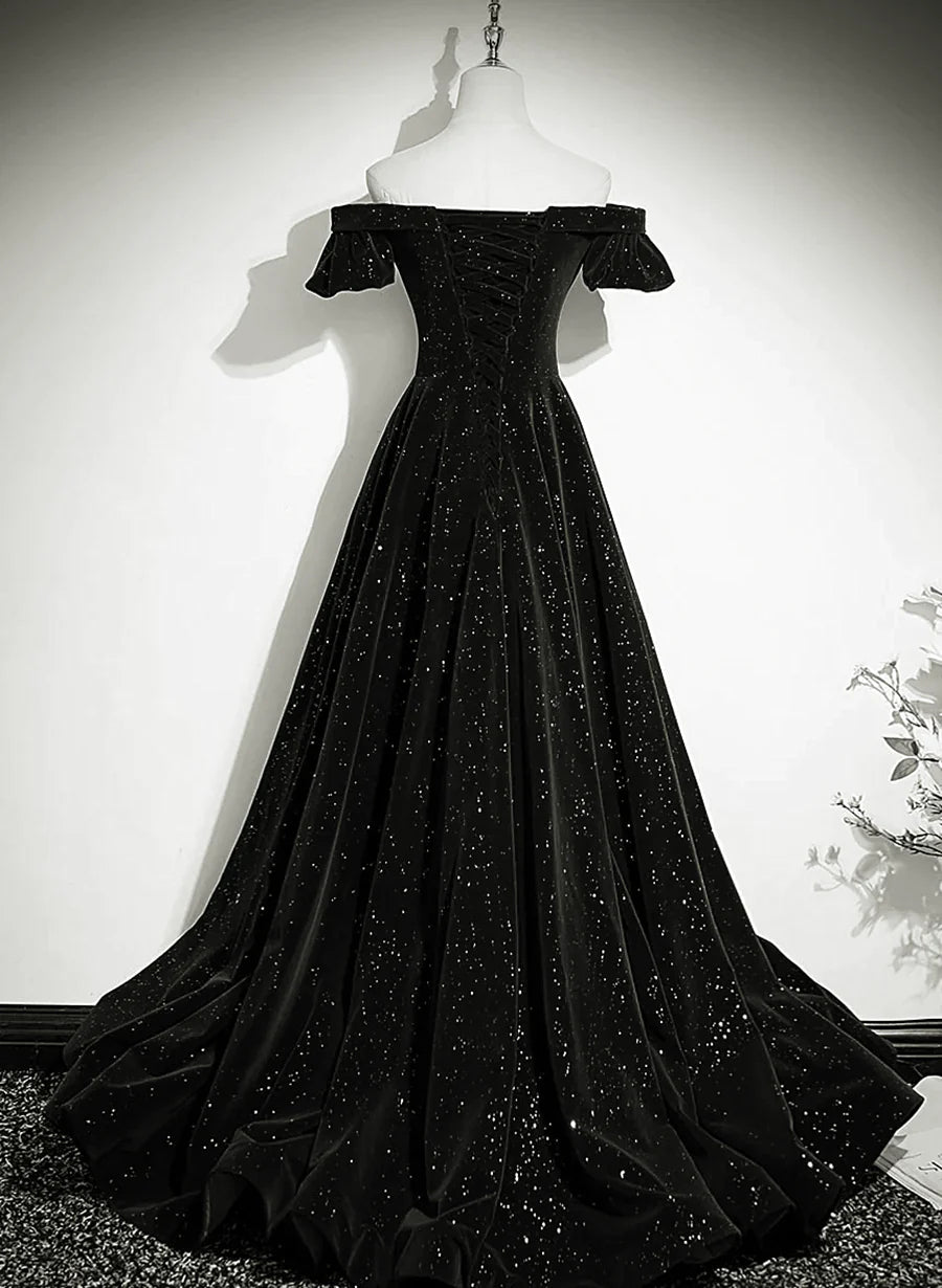 Bridesmaids Dress Affordable, Black Off Shoulder Velvet Long Party Dress Prom Dress, Black Simple Evening Dress