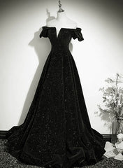 Bridesmaids Dresses Affordable, Black Off Shoulder Velvet Long Party Dress Prom Dress, Black Simple Evening Dress