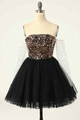 Party Dress 2053, Black Off-the-Shoulder A-line Long Sleeves Sequins Mini Homecoming Dress