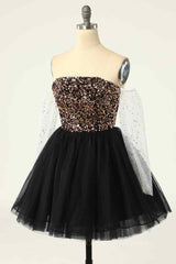 Party Dresses 2051, Black Off-the-Shoulder A-line Long Sleeves Sequins Mini Homecoming Dress