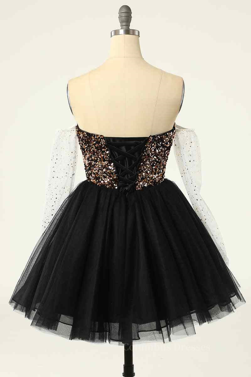 Party Dress Quick, Black Off-the-Shoulder A-line Long Sleeves Sequins Mini Homecoming Dress
