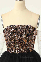 Party Dress And Gown, Black Off-the-Shoulder A-line Long Sleeves Sequins Mini Homecoming Dress