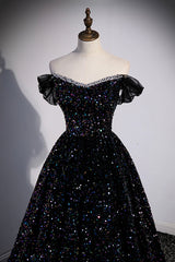 Fall Wedding Ideas, Black Off the Shoulder Beaded Long Formal Dress, Black Shiny Sequins Evening Dress