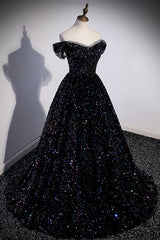 Wedding Inspiration, Black Off the Shoulder Beaded Long Formal Dress, Black Shiny Sequins Evening Dress
