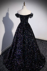 Prom Shoes, Black Off the Shoulder Beaded Long Formal Dress, Black Shiny Sequins Evening Dress