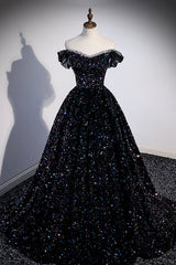 Pretty Prom Dress, Black Off the Shoulder Beaded Long Formal Dress, Black Shiny Sequins Evening Dress