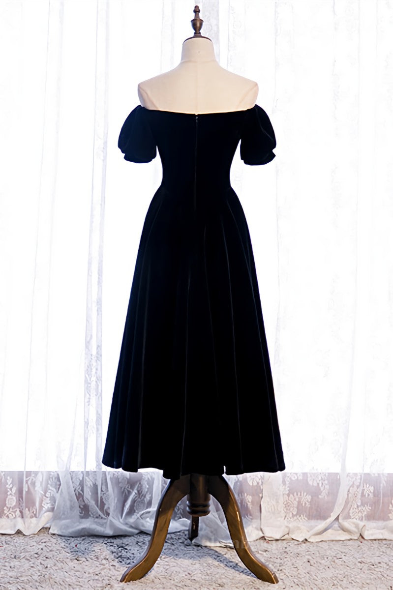Evening Dress Formal, Black Off-the-Shoulder Puff Sleeves Sweetheart Velvet Midi Formal Dress
