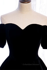 Evening Dresses Online Shop, Black Off-the-Shoulder Puff Sleeves Sweetheart Velvet Midi Formal Dress