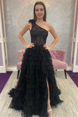 Black One Shoulder Corset Tiered Long Prom Dress with Ruffles