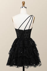 Homecomming Dress Long, Black One Shoulder Ruffles Short A-line Dress