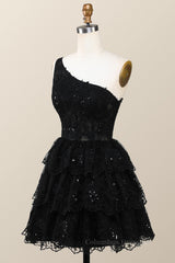 Homecoming Dresses 2062, Black One Shoulder Ruffles Short A-line Dress