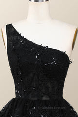 Homecoming Dress 2055, Black One Shoulder Ruffles Short A-line Dress
