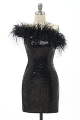 Black One Shoulder Sequins Short Homecoming Dress with Feathers
