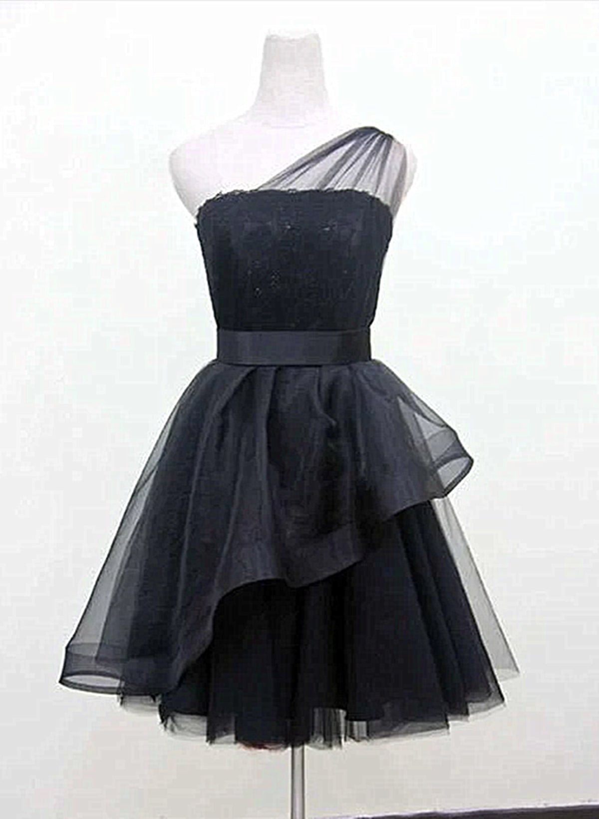 Prom Dresses Tight Fitting, Black One Shoulder Tulle Short Formal Dress, Black Homecoming Dress