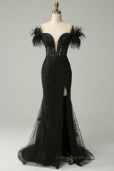 Prom Dress Long, Black Plunging Off-the-Shoulder Feathers Mermaid Long Prom Dress with Slit
