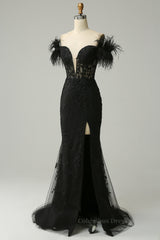 Wedding Shoes Bride, Black Plunging Off-the-Shoulder Feathers Mermaid Long Prom Dress with Slit