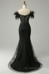 Pretty Prom Dress, Black Plunging Off-the-Shoulder Feathers Mermaid Long Prom Dress with Slit