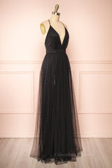 Bridesmaid Dress Dark, Black Plunging V Neck Crossed Back A-line Tulle Long Prom Dress