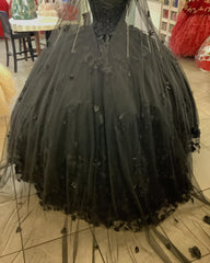 Prom Dresses Glitter, Black Quinceanera Dresses with Flowers,Long Sweet 16 Dresses