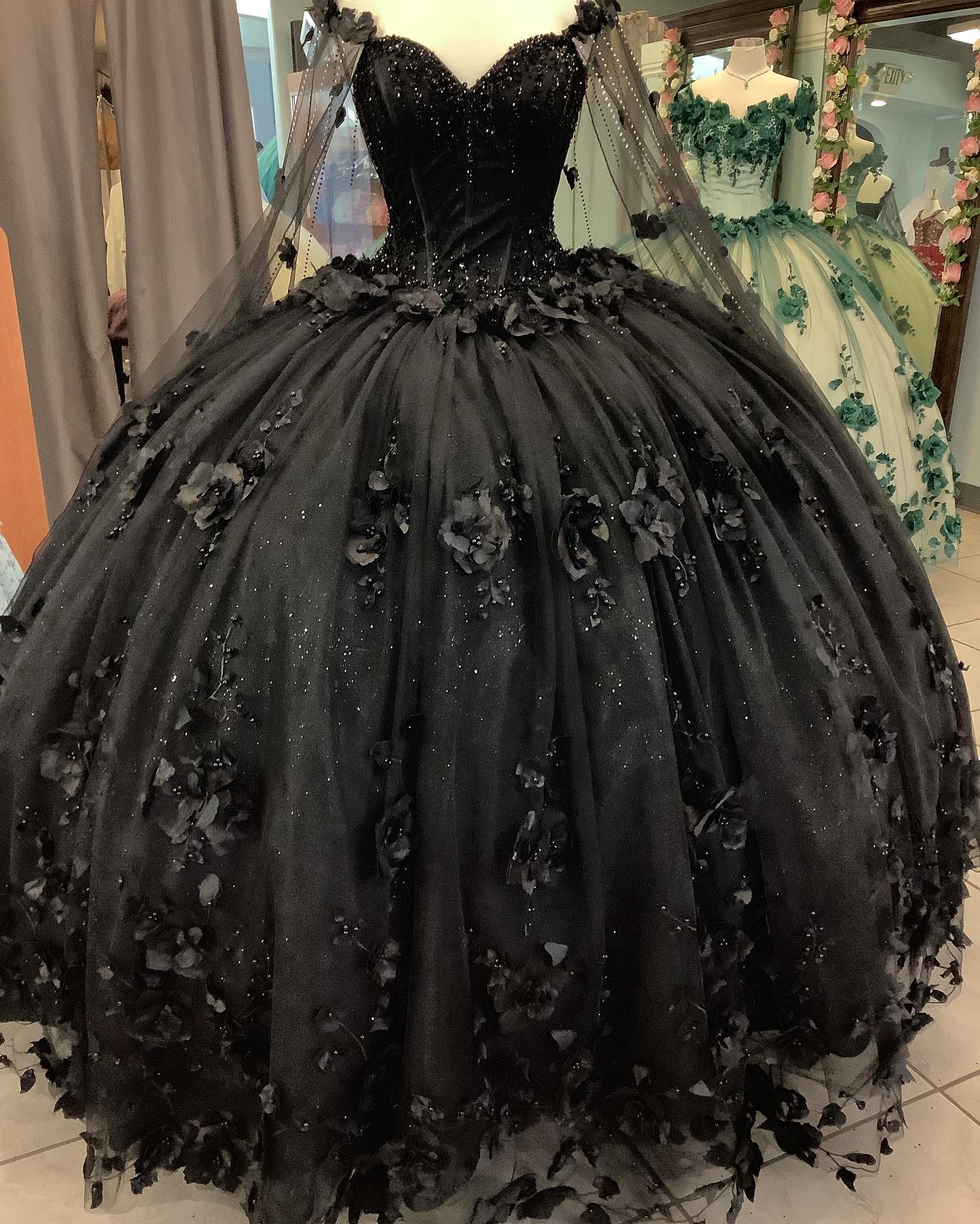 Prom Dress Glitter, Black Quinceanera Dresses with Flowers,Long Sweet 16 Dresses