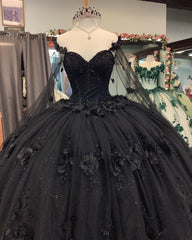 Prom Dresses Chicago, Black Quinceanera Dresses with Flowers,Long Sweet 16 Dresses