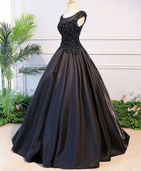 Prom Dresses With Sleeves, Black Round Neck Lace Long Prom Dress, Black Evening Dress
