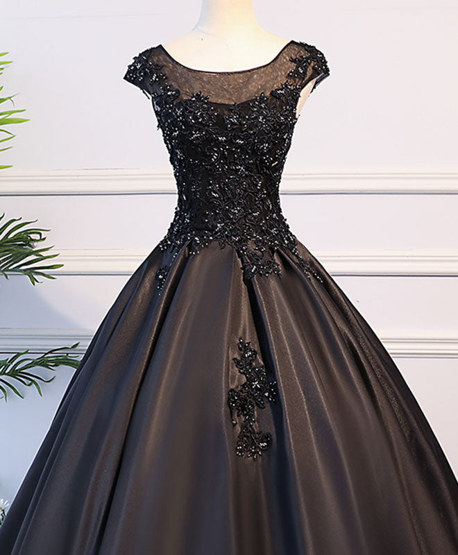 Prom Dresses Blue, Black Round Neck Lace Long Prom Dress, Black Evening Dress