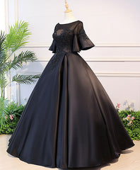 Prom Dresses Long Elegant, Black Round Neck Satin Lace Long Prom Dress, Sweet 16 Dress