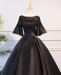 Prom Dress Long Elegent, Black Round Neck Satin Lace Long Prom Dress, Sweet 16 Dress