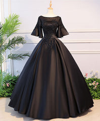 Prom Dresses2022, Black Round Neck Satin Lace Long Prom Dress, Sweet 16 Dress