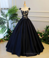 Party Dress Outfits, Black round neck satin long prom gown, black evening dress