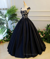 Party Dresses Cheap, Black round neck satin long prom gown, black evening dress