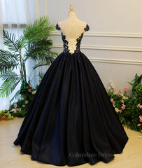 Party Dress Idea, Black round neck satin long prom gown, black evening dress